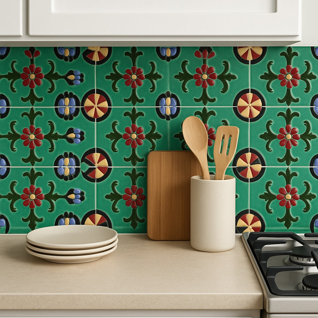 Mexican Relief Tile – Red Flower Scroll Pattern