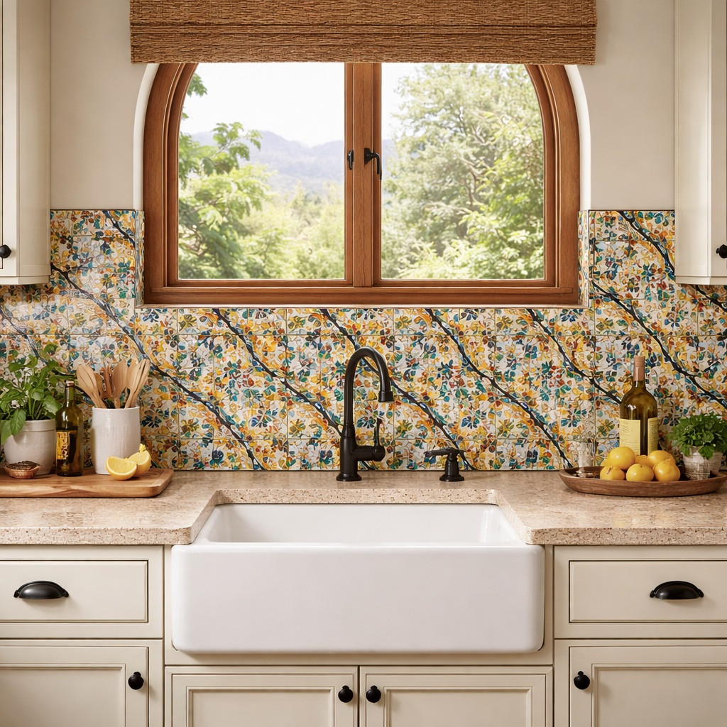 Talavera Floral Scroll Tile with Turquoise Design on kitchen backsplash beneath arched window with farmhouse sink