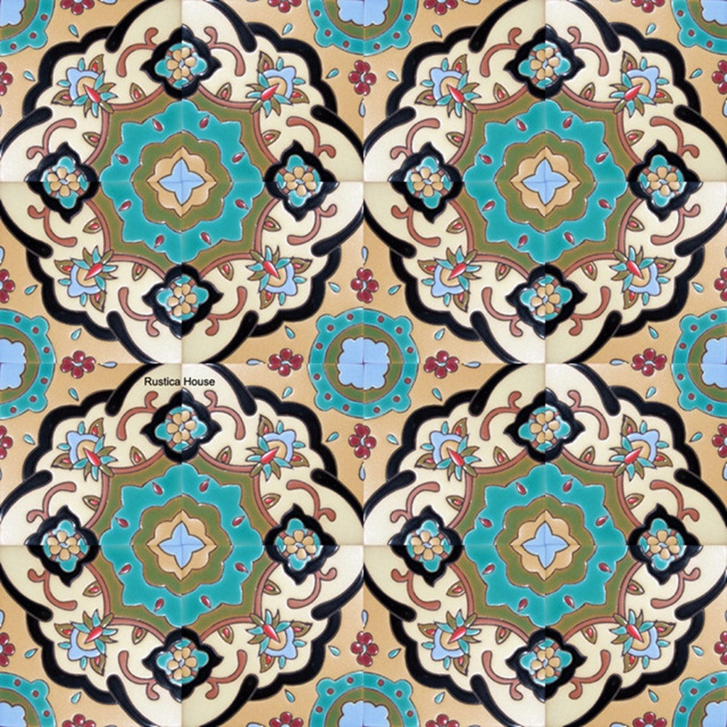 Talavera Floral Scroll Tile with Turquoise Design arranged in nine-tile layout forming a continuous flowing round floral pattern