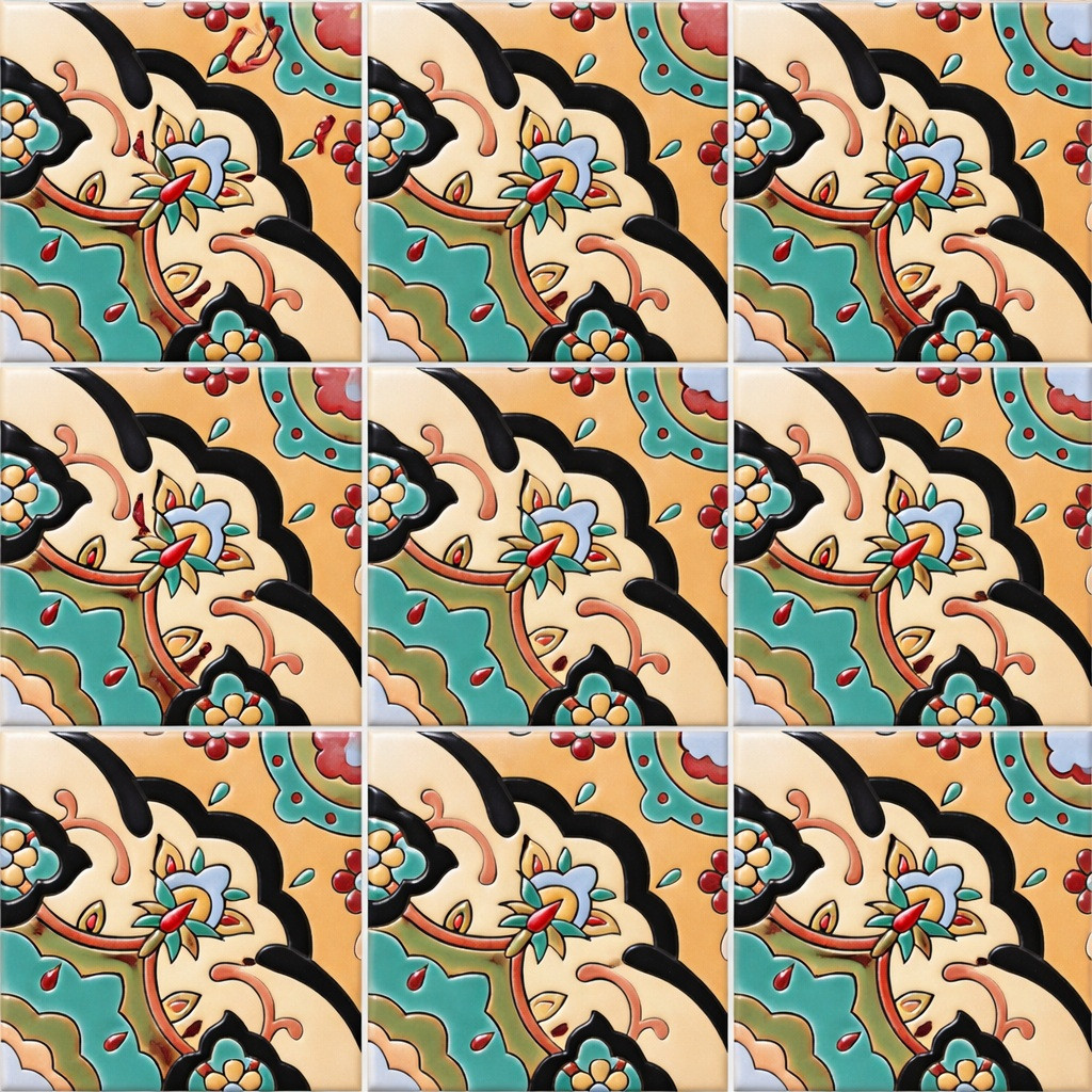 Talavera Floral Scroll Tile with Turquoise Design arranged in nine-tile angled layout forming a continuous flowing floral pattern