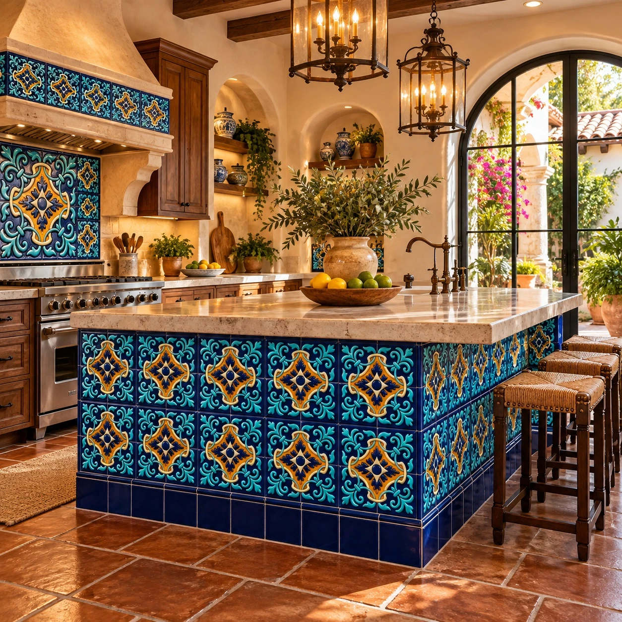 Relief talavera tile with blue and gold design accenting a Mediterranean style kitchen island