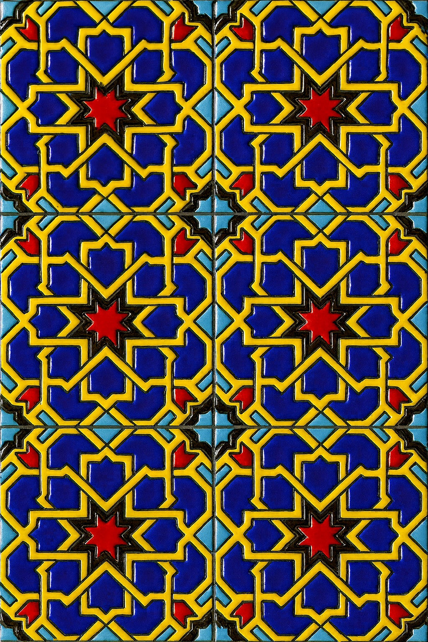 Moorish star mexican relief tile six-tile set showing full geometric star pattern