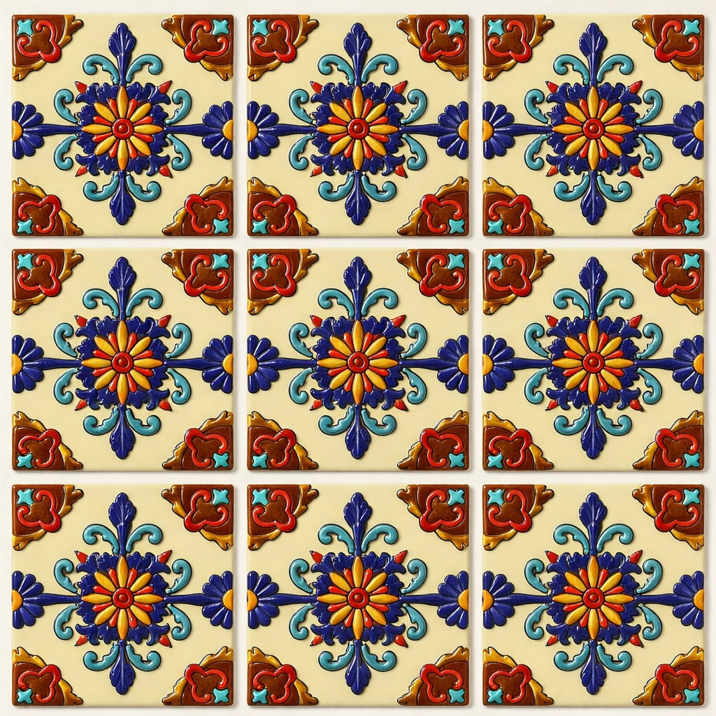 Talavera relief medallion tile nine tile relief set showing full pattern with clean grout lines