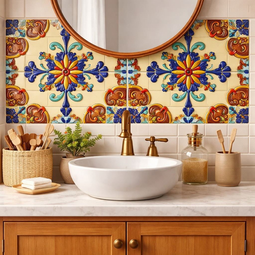 Talavera relief medallion tile enhancing a bathroom vanity wall with raised detail and artisan character