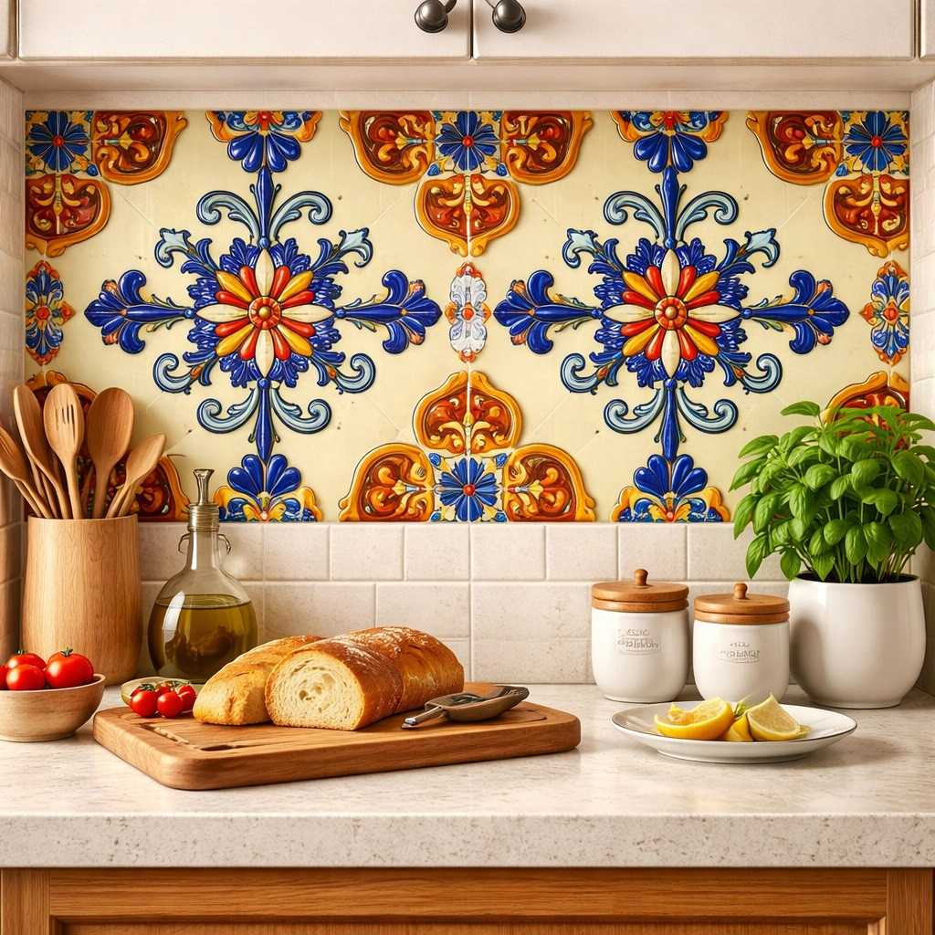 Talavera relief medallion tile installed as a kitchen backsplash adding depth texture and bold color