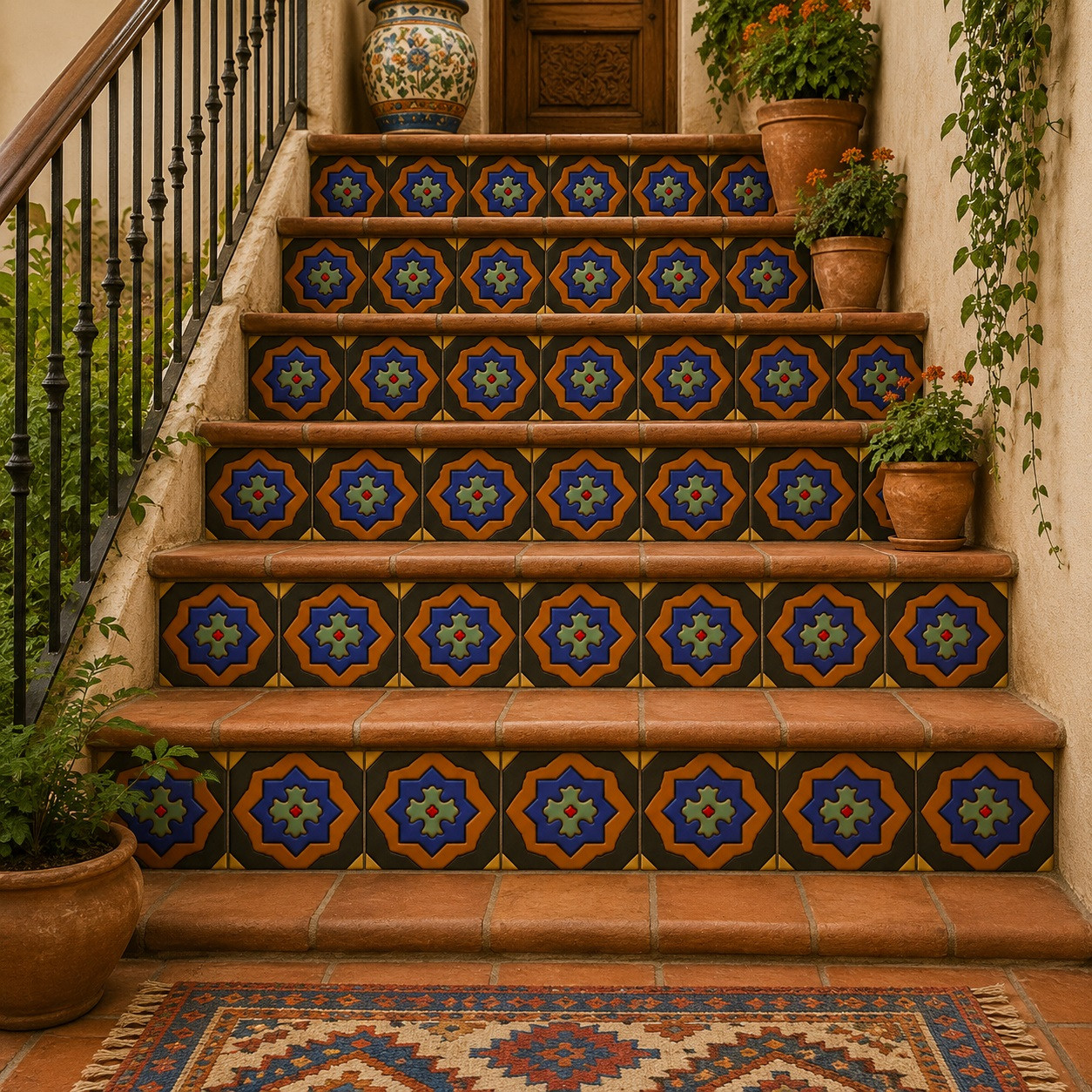 Mexican relief tile black orange star tiles applied to interior stair risers in bright hallway