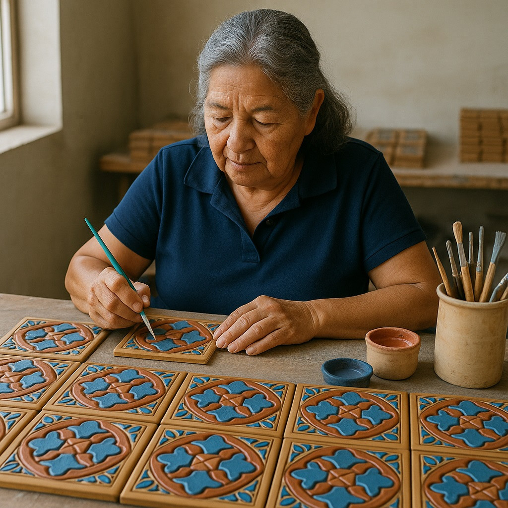 Mexican Relief Tile with Blue Clover Pattern