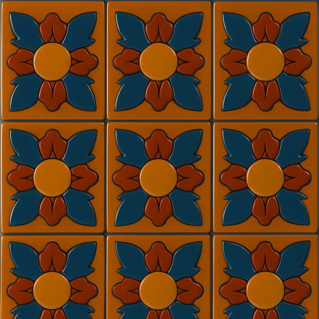 Pamplona blue floral relief tile arranged in a 3x3 set with visible grout lines.