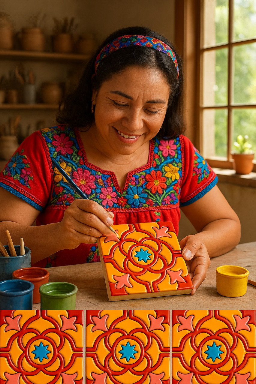Artisan workshop with Mexican Relief Tile Floral Star, clay tools, pigments, and worktables