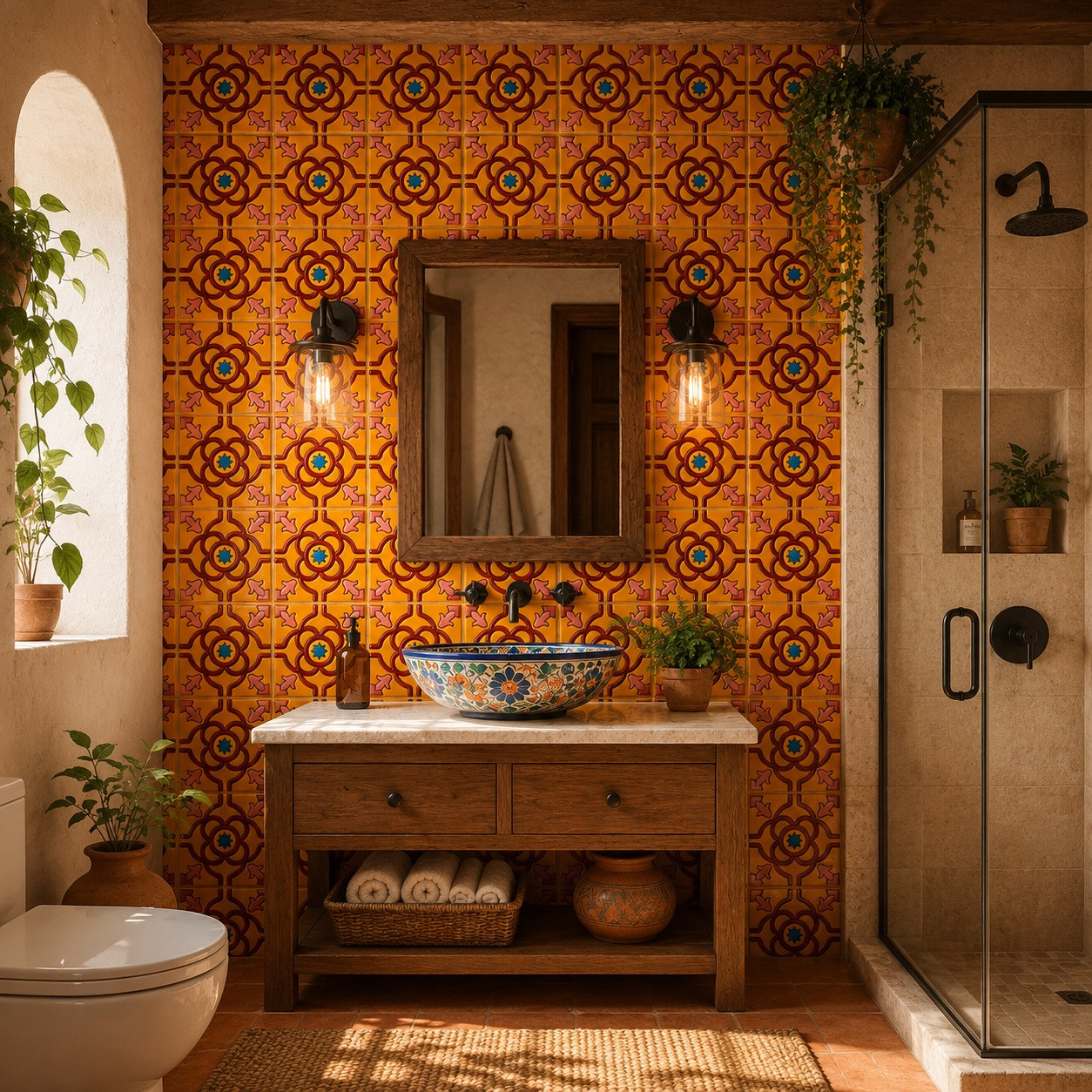 Mexican relief tile floral star design decorating a bright bathroom wall with clear window lighting