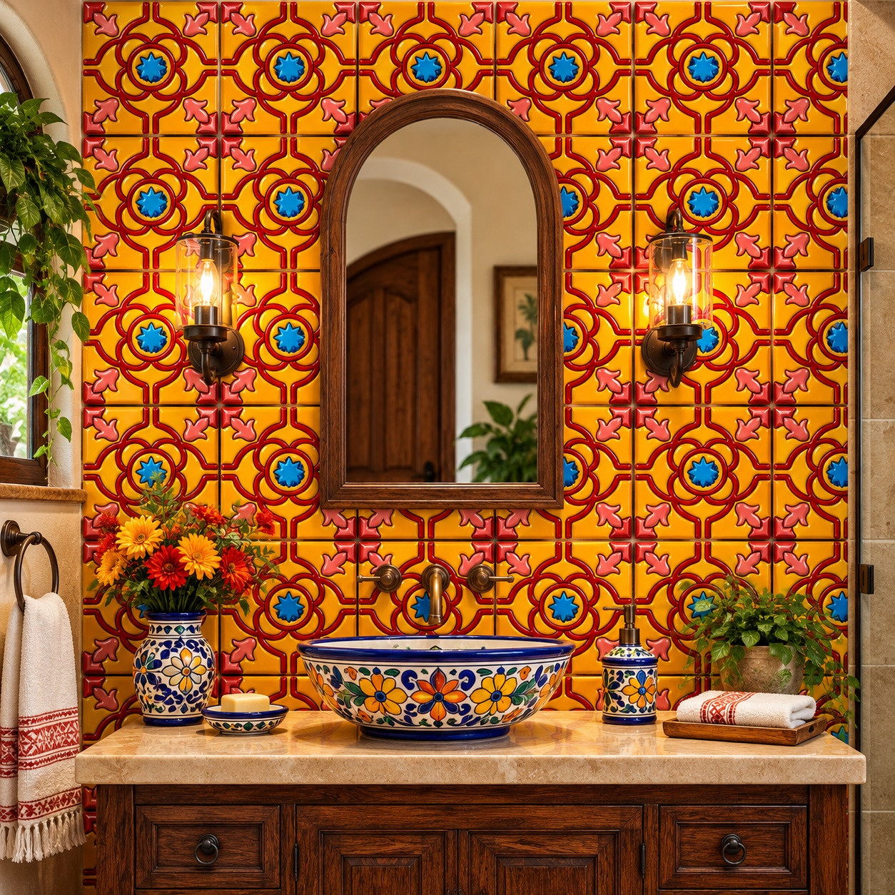 Mexican relief tile floral star design decorating a bright bathroom wall with clear window lighting