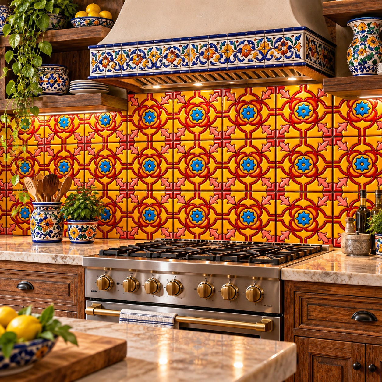 Mexican relief tile floral star design used as a 4x4 inch backsplash in rustic style kitchen