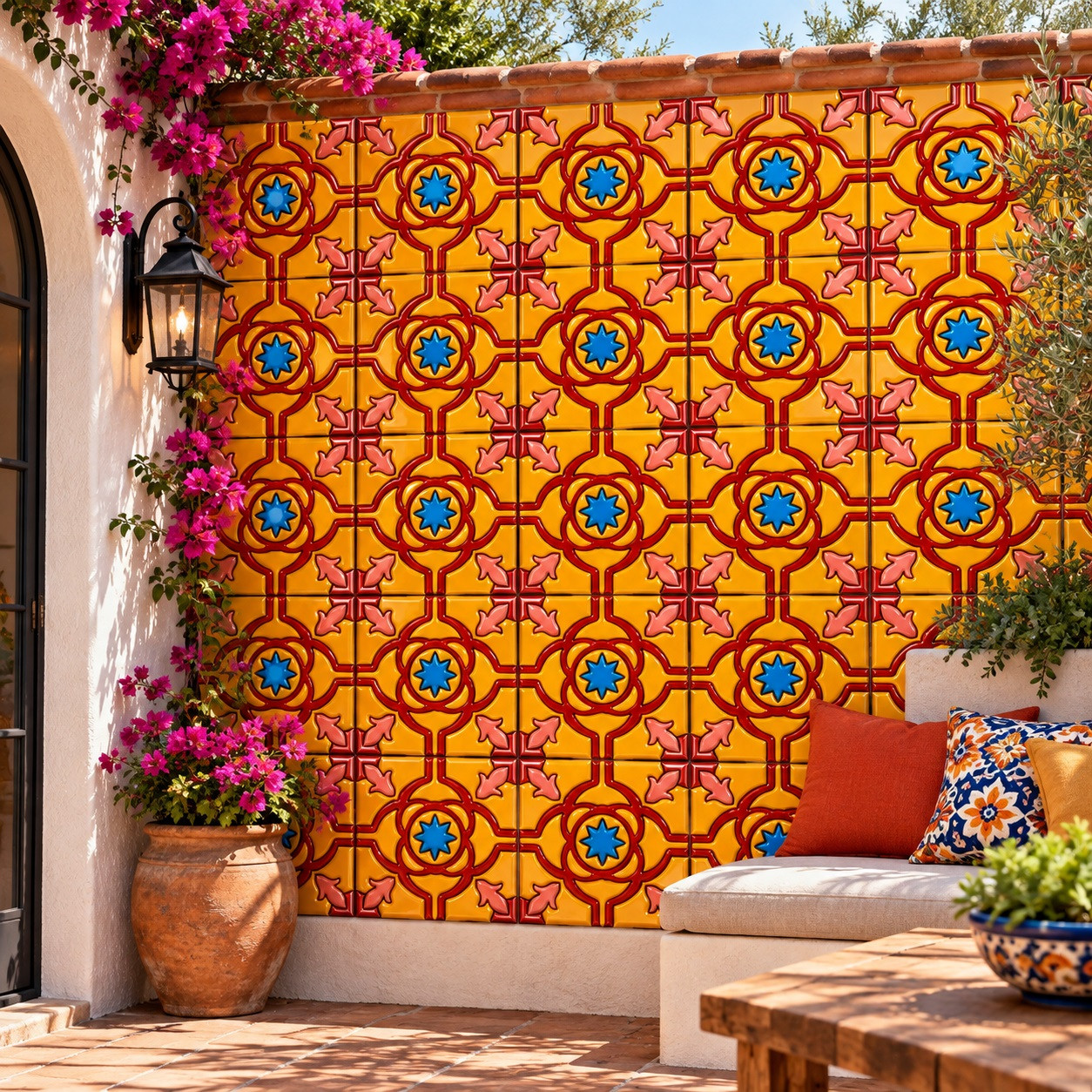 Mexican relief tile floral star design installed on outdoor wall with visible tile pattern and texture