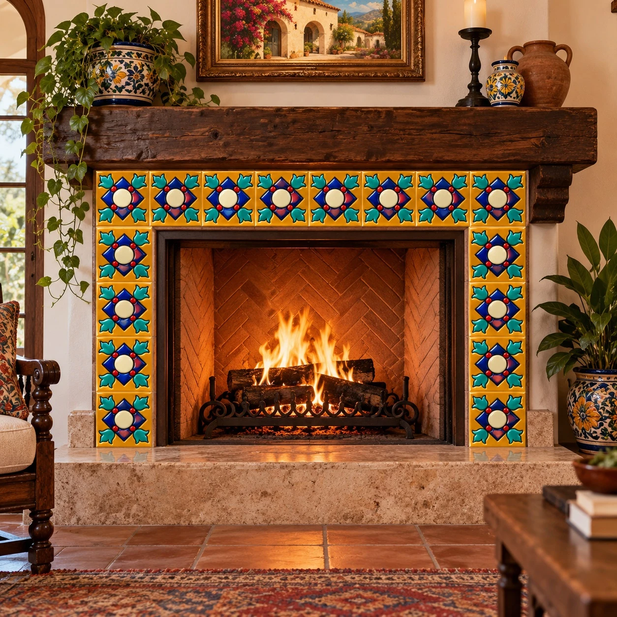 Tonala floral mexican relief tile decorating a traditional Spanish colonial fireplace surround
