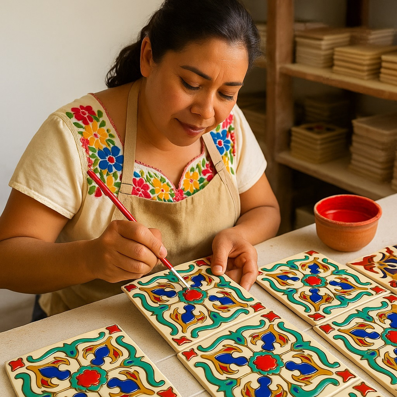 Mexican relief tile tlalpan floral scroll painted by the artsian in her Mexican workshop