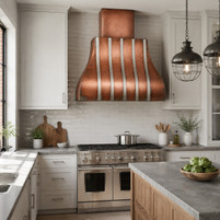 Copper Bell Range Hood with Polished Zinc Straps Guide