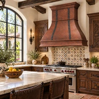Bell Copper Range Hood with Forged Iron Straps and Stepped Crown Guide