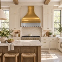 Brass Range Hood with Zinc Apron and Iron Frame Guide