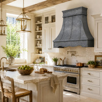 Hammered Aged Zinc Bell Range Hood with Shaped Apron Guide