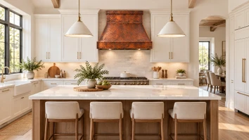 Hammered copper range hood with box chimney and wide apron as a focal point in a modern kitchen
