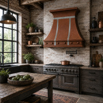 Hammered Copper Bell Range Hood with Zinc Straps Guide
