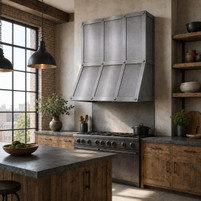 Zinc Range Hood with Riveted Three-Bay Panel Guide