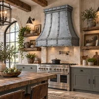 Industrial Zinc Bell Range Hood with Paneled Apron Guide