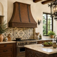 Flared Copper Range Hood with Iron Straps and Starflower Apron Guide