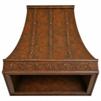 Tall Hammered Copper Range Hood with Iron Straps and Botanical Apron Kitchen Images