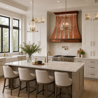 Smooth Copper Bell Range Hood with Zinc Straps and Rounded Apron Guide