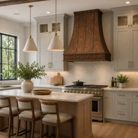 Tall Hammered Copper Range Hood with Iron Straps and Botanical Apron Guide