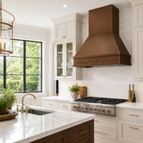 Tapered Hammered Copper Range Hood with Riveted Apron Guide