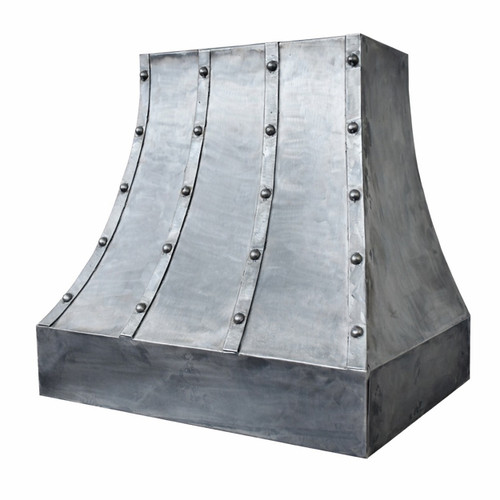 Side view of wrought iron range hood showing sloped bell profile, straight apron and riveted side straps