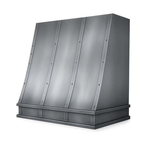 30-inch zinc range hood with brushed finish and riveted straps shown at a three-quarter angled front view