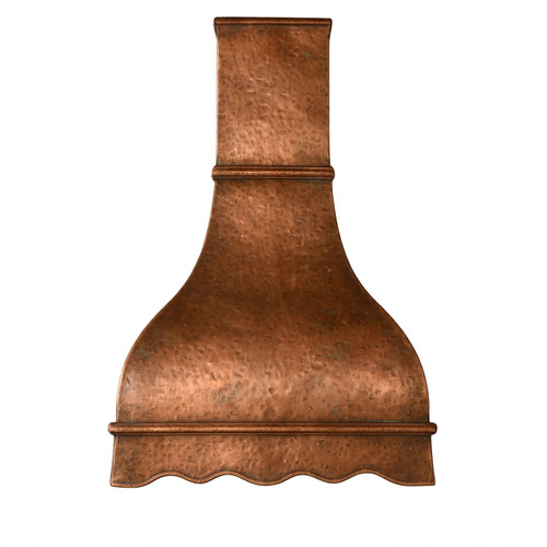 Scalloped dome copper range hood front view with stepped neck, rectangular chimney, and wave apron front view