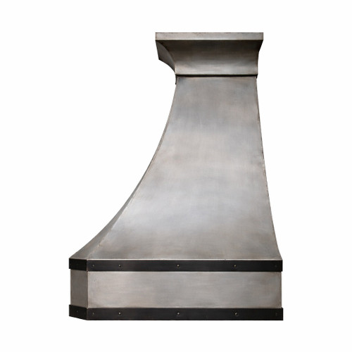 Profile view of a natural zinc range hood with black metal strap band