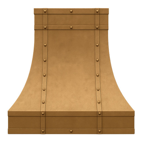 Antique copper range hood side view on white background, hand hammered copper canopy with flared trapezoidal shape, riveted straps and aged patina finish
