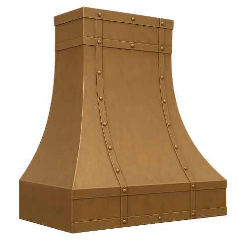 Antique copper range hood angled view on white background, hand hammered copper canopy with flared trapezoidal shape, riveted straps and aged patina finish