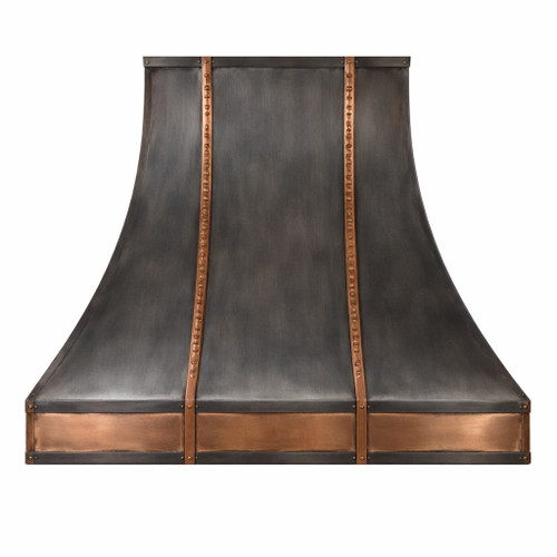 Mixed-metal zinc and copper range hood from brushed dark zinc and accented with hand-hammered copper straps and a copper apron