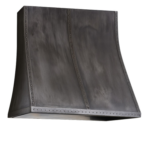 Minimalist zinc range hood with straps in a kitchen island installation