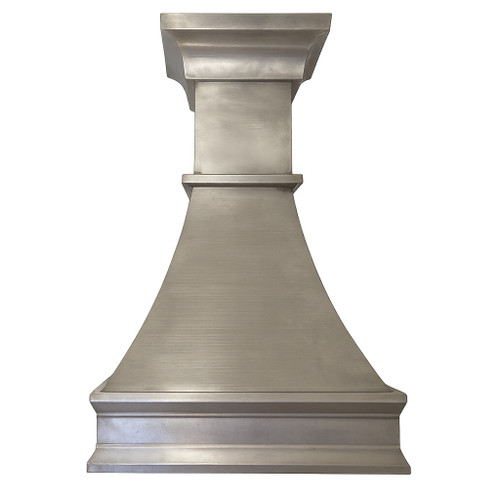Brushed zinc range hood with a classic Italian crown molding
