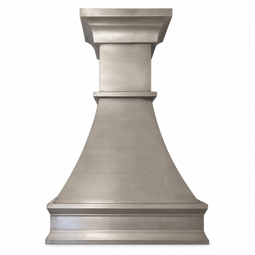 Brushed zinc range hood with crowned bell silhouette, molded trim, and white background