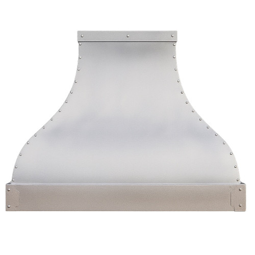 Zinc range hood with curved apron and rivet trim shown in front view with matte finish