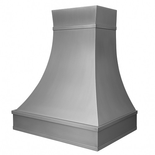 Zinc range hood with bell shaped design and satin finish side view on white background, smooth curved canopy with soft metallic sheen and tapered profile silhouette