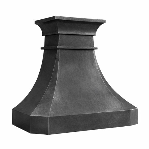 Side view of dark hammered zinc range hood with tiered crown and tapered canopy