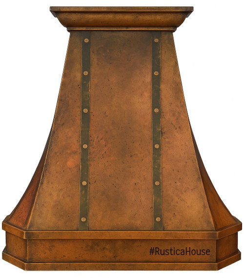 36-inch copper range hood front view showing hammered panels, crown molding, and strap detailing above the apron