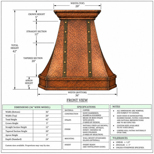 Technical drawing of 36-inch bell copper range hood with tapered front, dimensions and proportions
