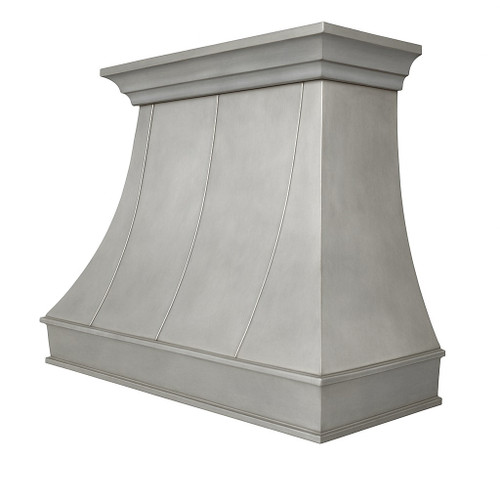 Architectural zinc range hood with flared canopy and crown detail front view, smooth zinc surface with tapered silhouette and refined upper molding