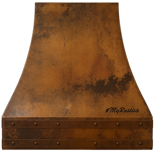 Old world copper vent hood front view on white background, smooth aged copper finish with riveted apron bands and flared canopy design