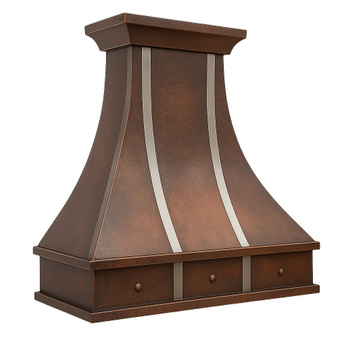 Decorative copper kitchen vent hood with silver vertical straps angled view, hammered copper canopy with contrasting metal bands and riveted accents
